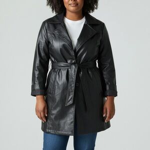 Vintage Penman's Black Faux Leather Trench Coat Belted Vegan Moto Jacket 1X